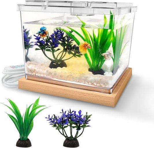 Mini Betta Fish Tank Kit with LED Light Base, Small Fish Bowl for Temporary Space, 0.2 Gallon Stackable Cube Tank with Artificial Plants for Small Fish, Insect, Shrimp, Crab, Spider (Kit-2)