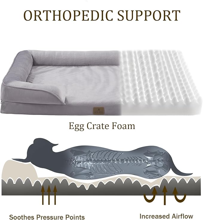 Bedfolks Orthopedic Dog Bed XXL, Waterproof Dog Sofa Bed for Giant Dogs, Egg Foam Pet Couch Bed with Removable Washable Cover and Nonslip Bottom, Light Grey