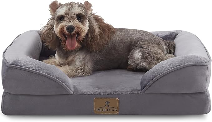 Bedfolks Orthopedic Dog Bed, Waterproof Dog Sofa Bed for Small Dogs & Cats, Egg Foam Pet Couch Bed with Removable Washable Cover and Nonslip Bottom, Dark Grey