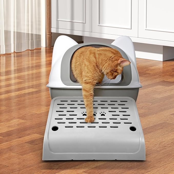 Cat Ramp for Litter Box Step, Stainless Steel Automatic Litter Box Ramp Cat Steps Mat with Filter Function, Double Layered Self Cleaning Cat Stairs with Storage Space for Litter Catcher (Grey)