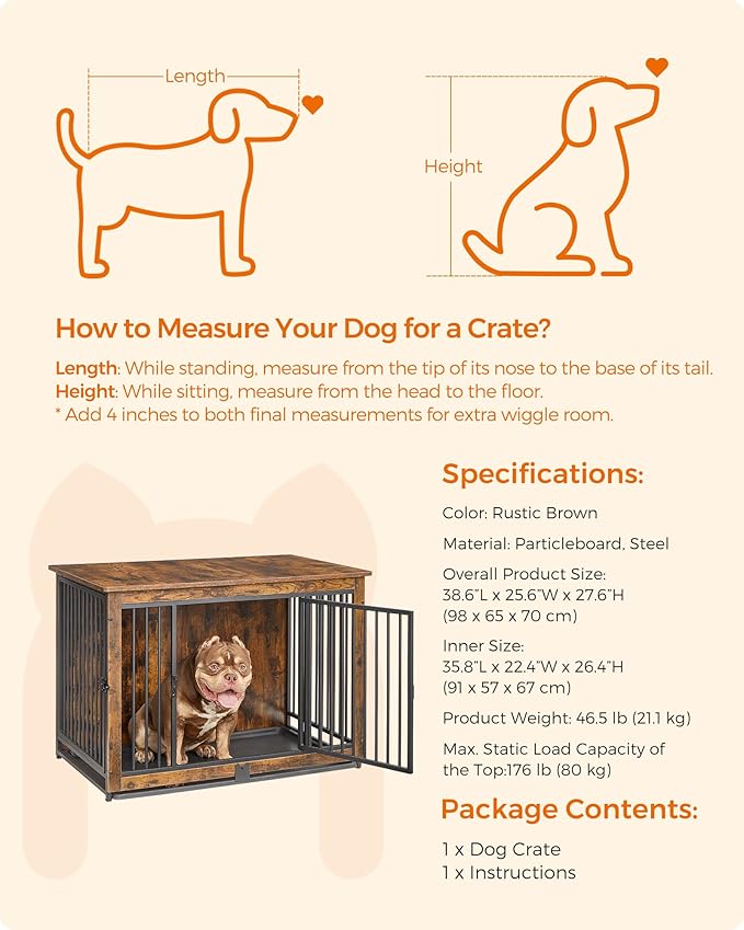 Feandrea Dog Crate Furniture, 38 Inches Dog Kennel for Dogs up to 70 lb, with Removable Tray, Heavy-Duty Dog Cage End Table, Double Doors Dog House, Rustic Brown UPFC013X01