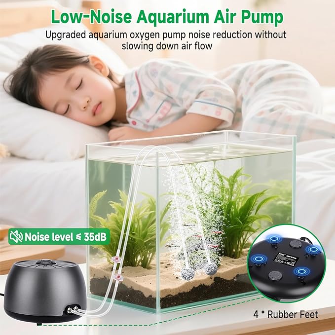 hygger Quiet Aquarium Air Pump, Adjustable Oxygen Aerator with Dual Output, 5W/8W Low Noise Air Pump with Air Stone Bubbler for Aquarium Fish Tank, Hydroponic System