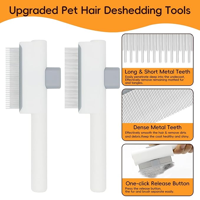 Deshedding Brush with Metal Comb for Detangling and Dematting Long, Flea Comb Cat Combs with Long & Short Stainless Steel Teeth, Matted Fur on Cats and Dogs (3 Pack)