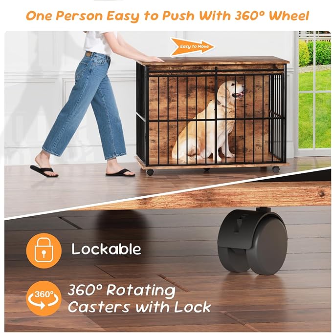 43.7" Dog Crate Furniture, XL Dog Crate Dog Kennel Indoor with Wheels for Large Medium Small Dogs, Wooden Dog Kennel End Table with Sliding Door Wooden Furniture Crates for Living Room, Bedroom