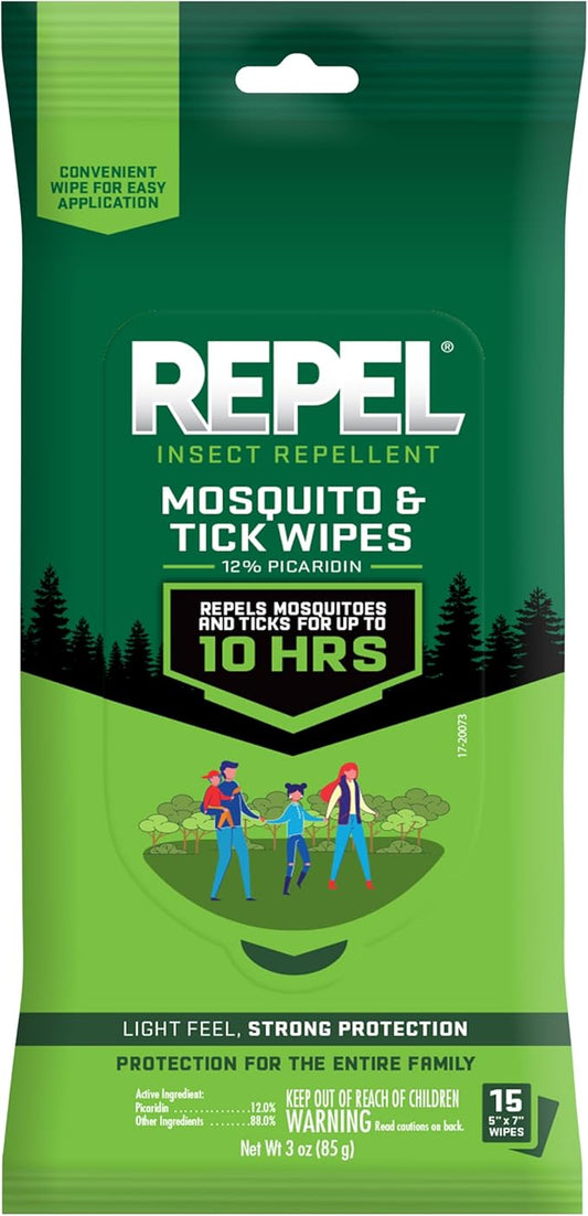 Repel Insect Repellent Mosquito & Tick Wipes 12% Picaridin, Repels Mosquitoes and Ticks for Up to 10 Hours in A Convenient Travel Wipe for Whole-Family Mosquito and Tick Protection,15 Count, 3 Ounces