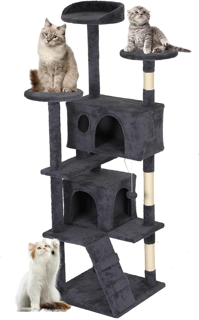 FDW Cat Tree Tower 62in Multi-Level Durable Cat Scratching Post & Cozy Fun Jumping Platform Space Saving Condo Pet Play House for Indoor Cats,Dark Gray