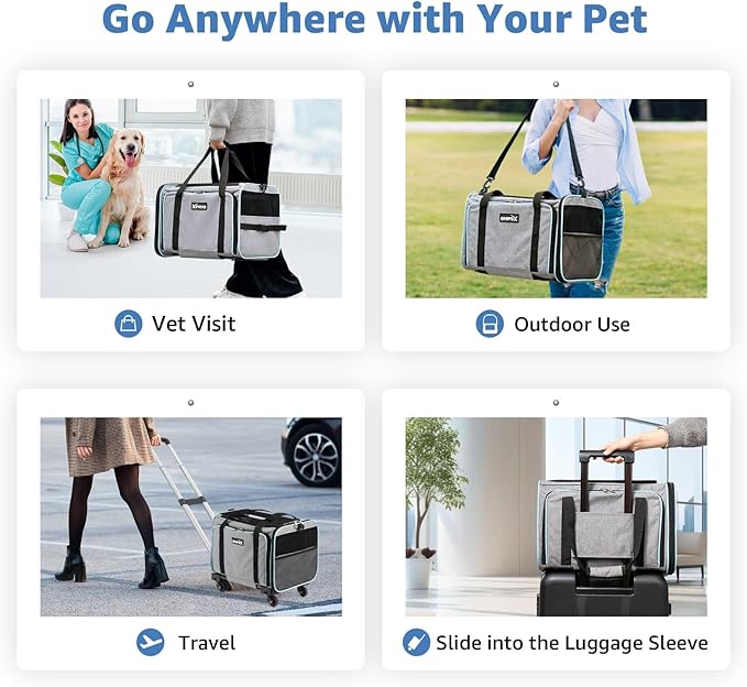 Cat Dog Carrier with Wheels, Expandable Rolling Soft-Sided Carrier for Small Cats and Dogs Under 25 LBS, Pet Carrier on Wheels with Locking Safety Zippers and Anti-Scratch Mesh (Grey)