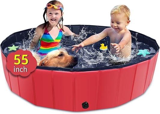 Foldable Dog Pool, 55" x 12" Kiddie Pool with Hard Plastic, Non-Slip Dog Bath Tub for Outdoor Backyard, Collapsible Dog Swimming Pool for Kids Dogs Pets (Red)