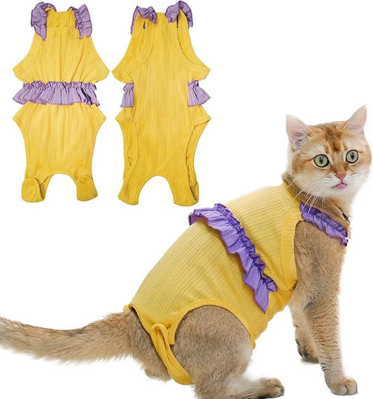 Cat Recovery Suit,Kitten Onesie After Surgery,E-Collar Alternative for Abdominal Wound and Skin Diseases,Soft Breathable Bodysuit After Spay（Yellow-s）