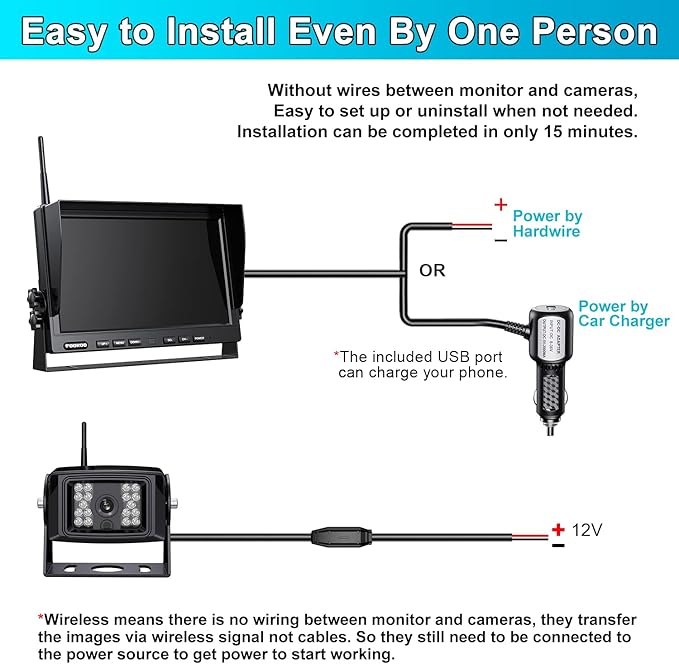 Fookoo 1080P 10" Wireless Backup Camera System, 10" Dual/Quad Split Monitor with Recording, IP69 Waterproof Rear/Front View Cameras, Parking Lines for RV/Truck/Trailer/Van(DW102)