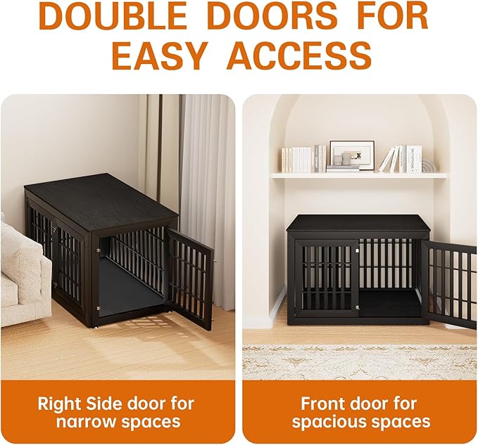 48" Heavy Duty Dog Crate Furniture for Small,Medium and Large Dogs,Rustic Wooden Dog Cage Kennel Indoor Furniture with Waterproof Top,Decorative Pet House Side End Table (Black)