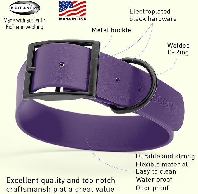 Dogline Biothane Waterproof Dog Collar Strong Coated Nylon Webbing with Black Hardware Odor- Proof for Easy Care Easy to Clean High Performance Fits Small Medium or Large Dogs, Violet Purple