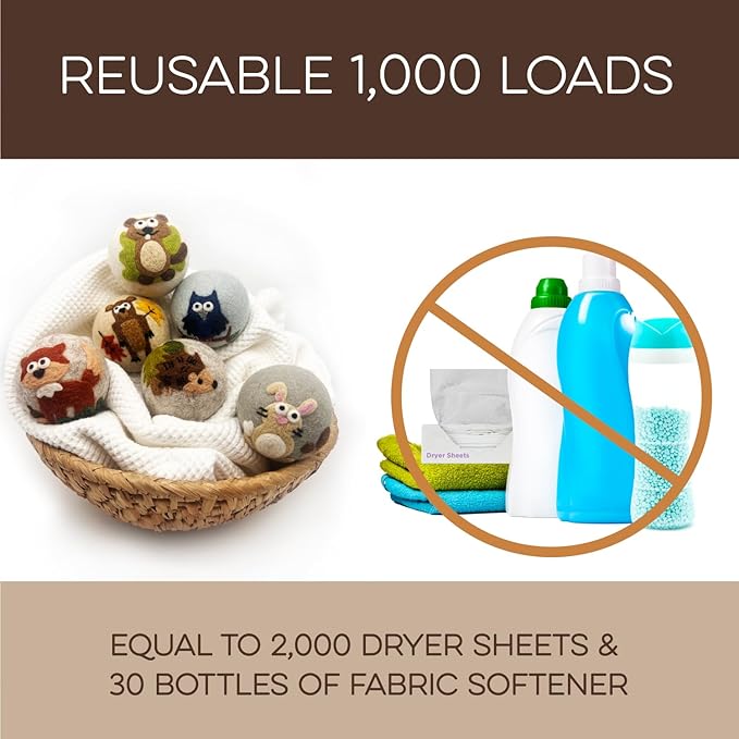 Fluff Ewes Wool Dryer Balls 6 Pack Premium New Zealand Wool Laundry Balls for Dryer, No Static Dryer Balls Laundry Reusable, XL Hedgehog Dryer Balls, Baby Dryer Balls for Dryers - Hedgehog and Homies