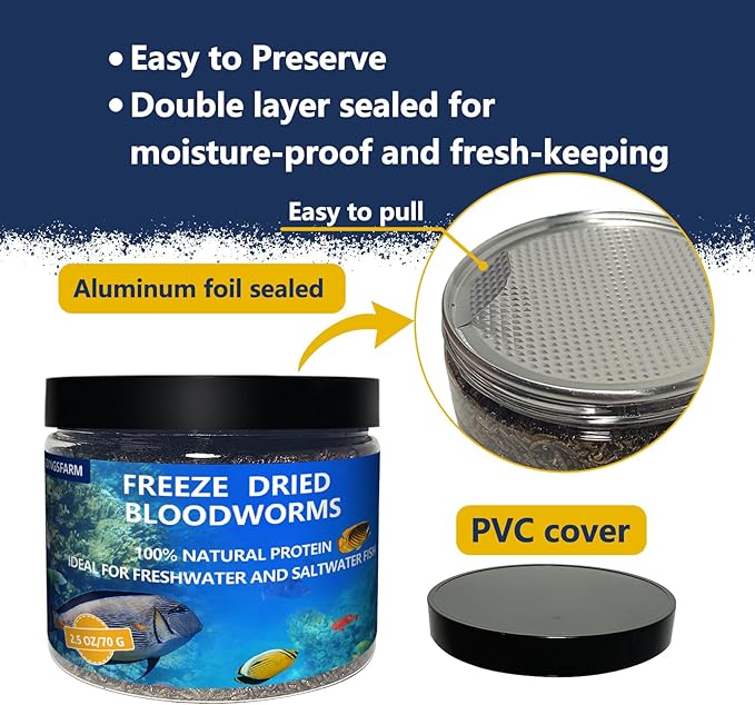 JADINGSFRAM Blood Worms Fish Food 2.5 oz, Freeze Dried Bloodworms for Fish, Bloodworms Fish Food for Freshwater Saltwater Tropical Fish Betta Cichlid Goldfish Guppy Turtle (2.5 OZ)
