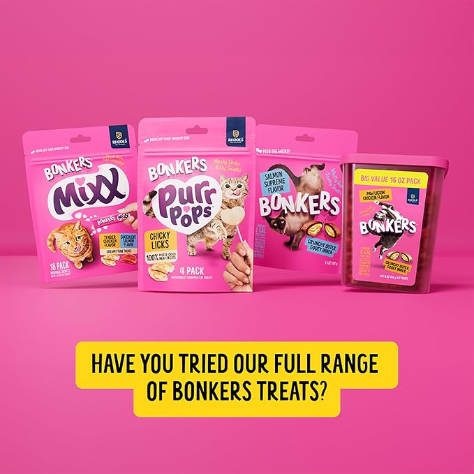 BONKERS Mixx, Wet Lickable Tube Tender Chicken Flavor Cat Treats, Real Meat Treats, Treats for Training or Food Topper, for All Breeds and Ages, Value Pack (15 Pack, 60 Tubes)