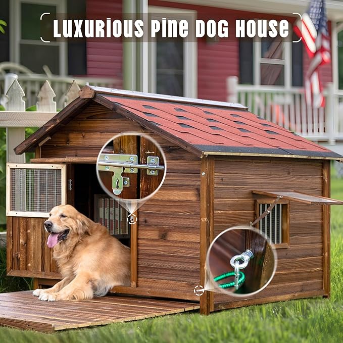 Extra Large Dog House Outdoor Made of Solid Pine Wood, Warm Doghouse, Dog House with Elevated Floor for Large Dogs, (Wood, 2XL)