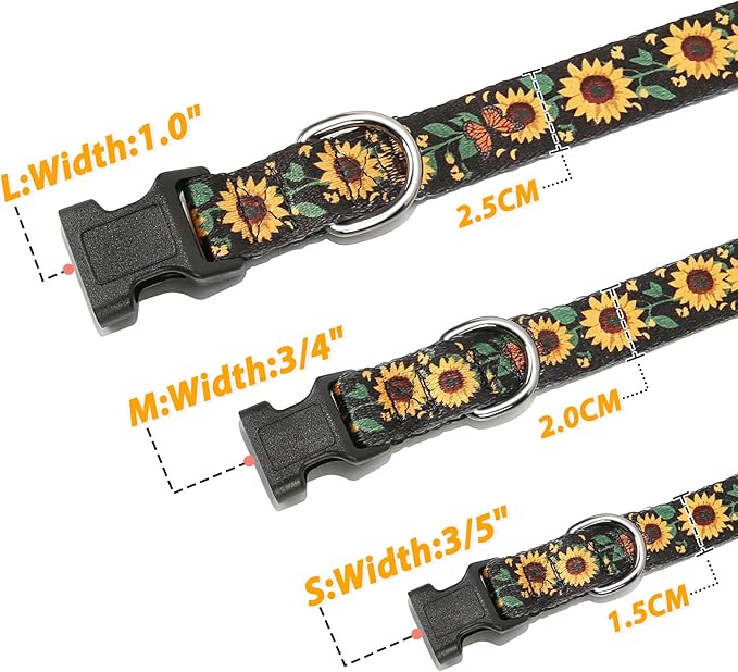 HEELE Dog Collar, Adjustable Soft Dog Collar for Small Medium Large Dogs,Sunflower Floral Patterned Puppy Collars with Quick Release Buckle Sunflower Black S Length 9.84''-14.96'