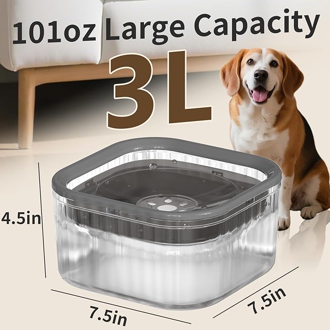 3L Dog Water Bowl No Spill 101oz Large Capacity Spill Proof Slow Drinking Water Feeder No Splash Pet Water Bowl Vehicle Carried Travel Dog Bowl for Sloppy Messy Drinkers Cats(Dark Gray)