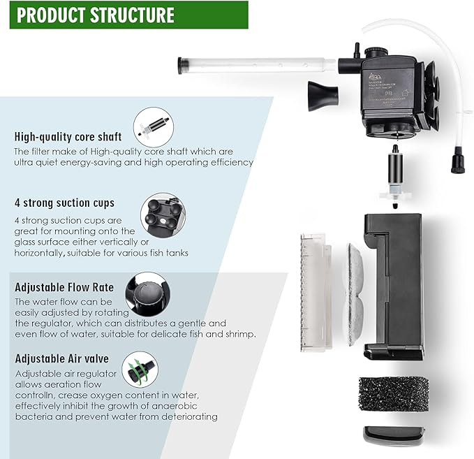 AQQA Aquarium Internal Filter Submersible Power Filter in-Tank with Adjustable Water Flow, Ultra Silent Sponge Filter for Fish Tank Water Crystal Clear
