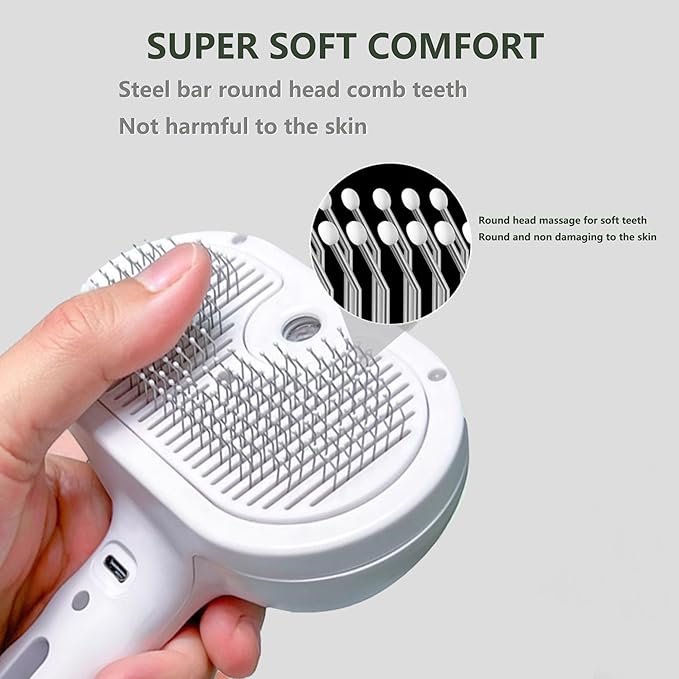 Cat Steam Hair Comb Brush for Shedding with Anti-Lost Pet Pendant, 3 In 1 USB Pet Spray Hair Removal Comb for Cat, Dogs Long Short Haired, White