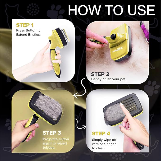 Pet Self Cleaning Slicker Brush and Grooming Comb - Gently Removes Loose Hair, Tangles, and Dirt - Skin Friendly Deshedding Grooming Tool for Hair Dogs & Cats - Pet Supplies Accessories (Yellow)