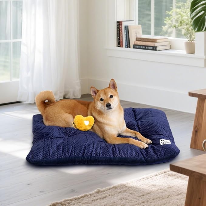 FUNNY FUZZY 2 in 1 Dog Bed Crate Pad Mat, Washable Reversible Pet Floor Mats,Fluffy Kennel Pad for Small Large Sized Dog,Indoor Cats,Sleeping Mattress,35.4" × 22.8", Midnight Blue