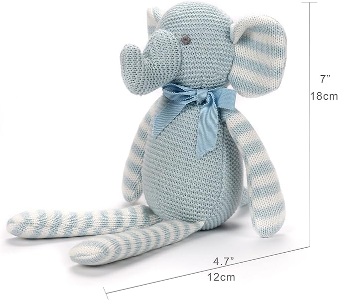 100% Organic Cotton Baby Elephant Stuffed Animal 7.1" | Blue Soft Toy for Newborn