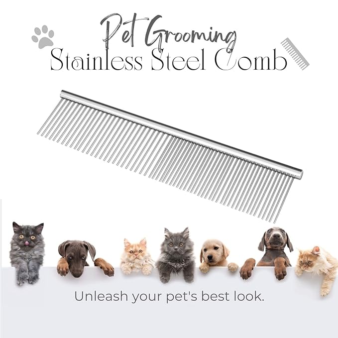 Flexzion Pet Grooming Comb Stainless Steel Cats Dogs Puppy Medium Animals Hair Fur Trimmer Deshedding Brush Accessory Tool with Smooth Teeth Needle Durable Lightweight
