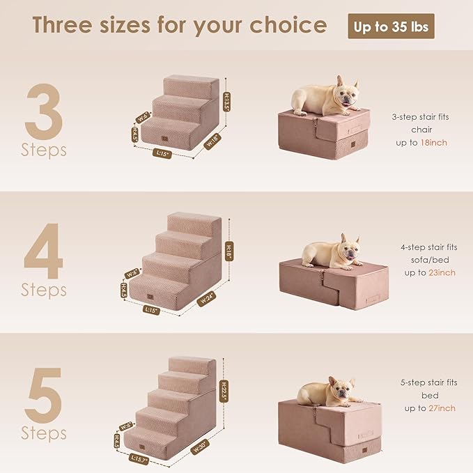 EHEYCIGA Dog Stairs for Small Dogs 13.5" H, 3-Step Dog Steps for Couch Sofa and Chair, Pet Steps for Medium Cats, Non-Slip Balanced Pet Ramp Indoor, Pink