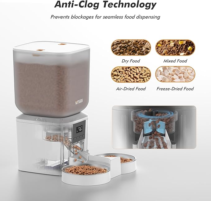 Automatic Cat Feeder for 2 Cats - 8L/34 Cups Large Capacity Auto Food Dispenser with LCD Screen, 2 Food Trays, Timed Cat Feeder, Up to 50 Portions 6 Meals Per Day, Keep Fresh, White