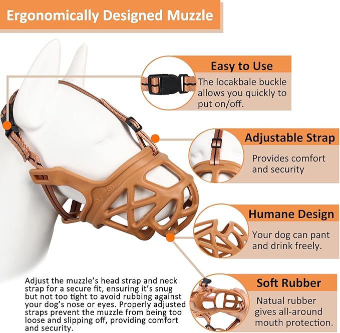 BARKLESS Dog Muzzle, Basket Muzzle for Biting, Chewing and Scavenging, Humane Cage Mouth Cover, Perfect for Grooming and Training Large Aggressive Reactive Dogs (L, Brown)