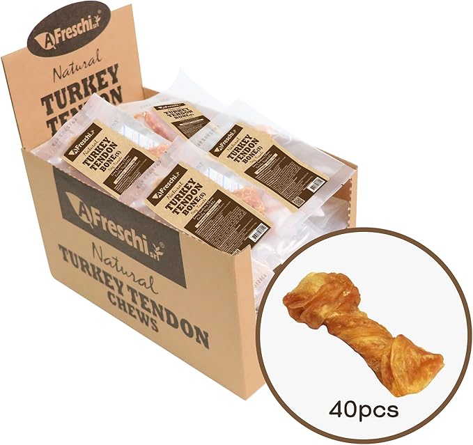 Afreschi Natural Turkey Tendon Bone (S) 40 Units/Box, Dog Treats for Signature Series, All Natural Human Grade Puppy Chew, USA-Sourced Turkey Tendon, Hypoallergenic, Rawhide Alternative