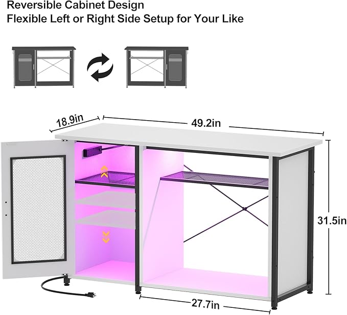 55-75 Gallon Fish Tank Stand with Power Outlets & LED Light, Reversible Heavy Duty Metal Aquarium Stand with Cabinet for Fish Tank Accessories Storage, Turtle/Reptile Terrariums, White