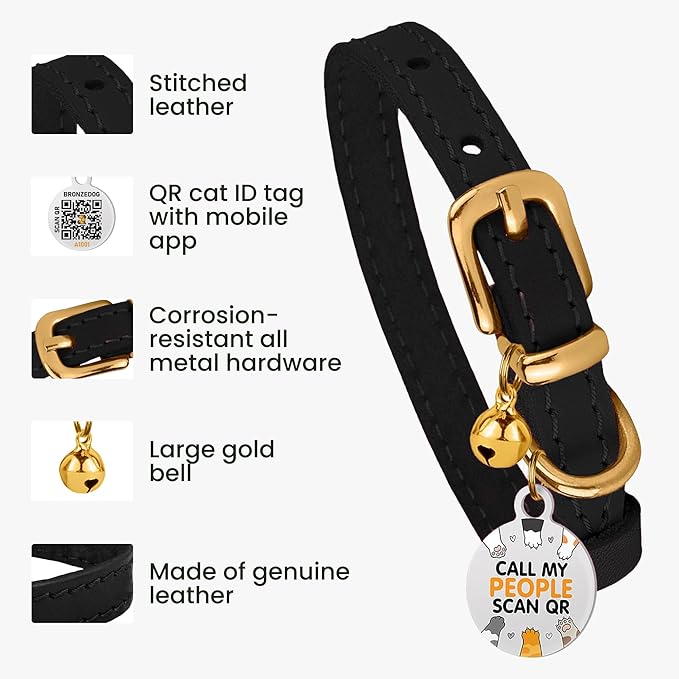 BRONZEDOG Leather Cat Collar with Removable Bells Non Breakaway Kitten QR Tag for Girl Boy (9" - 12" Cats/Mini Dogs, Black & Gold)