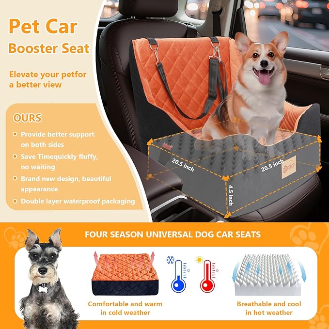 Dog Car Seat for Small/Medium Dogs Under 40lbs, Dog Booster Car Seats Memory Foam and Velvet, Detachable and Washable Pet Booster Carseats with Clip-On Satebelt and Storage Bag.(Black/Brown)