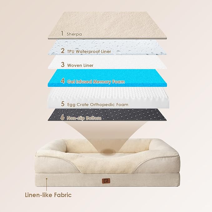 EHEYCIGA Memory Foam XL Dog Bed for XLarge Sized, Extra Large Orthopedic Dog Sofa with Sides and Waterproof Liner, Washable Bolster Pet Bed Couch with Removable Cover, 42x30x7.5 Inch, Beige