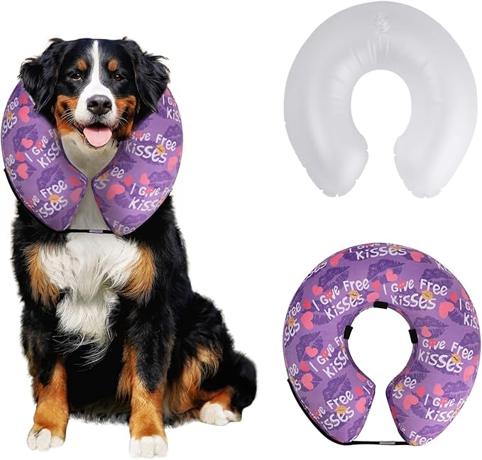 CuteBone Inflatable Dog Cone with Removable Soft Fleece Covers for Small/Medium/Large Dogs and Cats Neck Donut Collar After Surgery GWB06L
