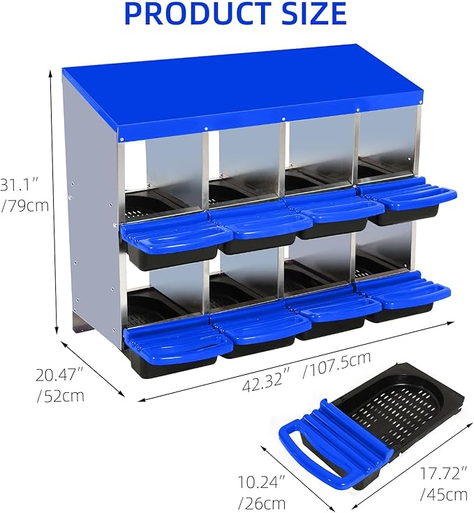 Chicken Nesting Boxes, 8 Hole Metal Chicken Laying Box with with Removable Trays and Roll Out Egg Collection for Chicken Coop, Blue