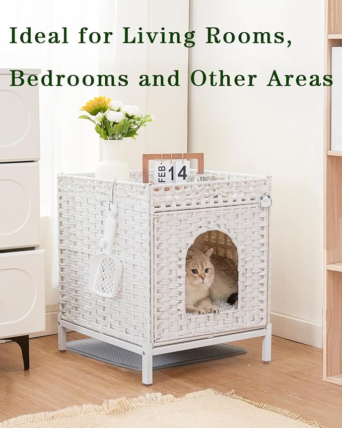 Cat Litter Box Enclosure Hidden Litter Box Furniture with Metal Heightened Feet, Rattan Handwoven Cat House with Litter Mat, Hidden Litter Box Furniture for Bedroom Living Room White