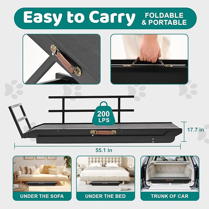 Dog Ramp for Bed, Adjustable Pet Ramps for Dog to Get on Bed, Non-Slip Rubber Surface - Folding Wooden Dog Ramp for Small/Large/Old Dogs, Adjustable up to 27.5 inch High Beds, Safety Railings