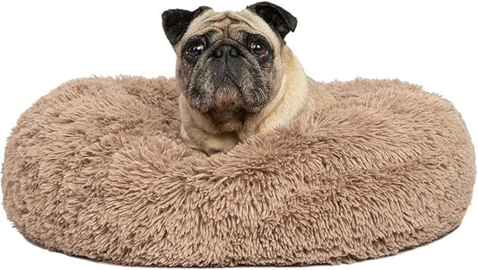 Best Pet Supplies Round Donut Dog Bed with Plush Faux Fur Fabric, Calming, Anti-Anxiety Cushion for Indoor Pets, Slip-Resistant Base, Soft Ergonomic Support - Caramel, 30x30x8''