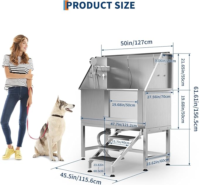 50" Stainless Steel Professional Dog Washing Station - Pet Bathing Tub w/Non-Slip Stairs | Slip-Resistant Floor Grate | for Large/Medium/Small Dogs