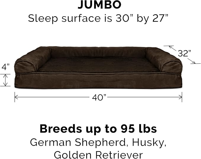 Furhaven Orthopedic Dog Bed for Large Dogs w/ Removable Bolsters & Washable Cover, For Dogs Up to 95 lbs - Plush & Suede Sofa - Espresso, Jumbo/XL