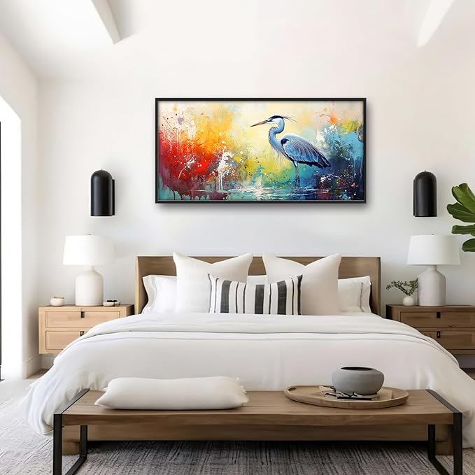Extra Large Framed Abstract Heron Wall Art,Oversized Colorful Graffiti Heron Wall Decor Pictures for Living Room,Canvas Print Painting Modern Artwork Bedroom Office Bathroom Home Decor 60L x 30W
