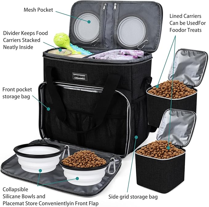 BAGLHER Dog Travel Bag, Pet Travel Bag (All Pet Travel Supplies), with 2 Pet Food Containers and 2 Collapsible Silicone Bowls; Essential Kits for Pet Travel Black