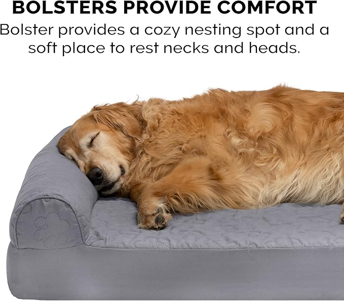 Furhaven Cooling Gel Dog Bed for Medium/Small Dogs w/ Removable Bolsters & Washable Cover, For Dogs Up to 35 lbs - Pinsonic Quilted Paw L Shaped Chaise - Titanium, Medium