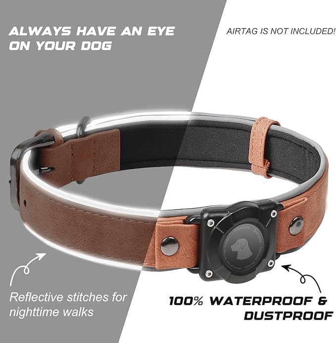 AirTag Dog Collar - Leather Dog Collar with Air Tag Holder | IPX8 Waterproof, Reflective, High - End, Adjustable Soft Padded | Dog GPS Tracker Collars Fit for Medium Large Dogs (Mahogany Brown, XL)