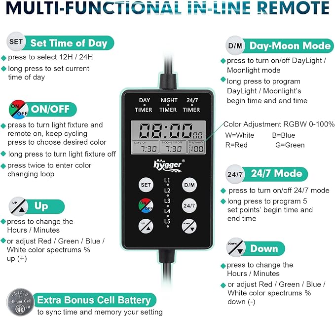 hygger Clip On Custom LED Aquarium Light, Daylight-Moonlight & 24/7 Mode, Adjustable Brightness 8 Colors Full Spectrum Fish Tank Light For 18-24 Inches Freshwater Planted Tank Auto On Off Ramp Up Down