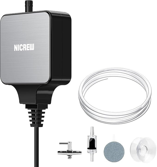 NICREW Nano Silent Aquarium Air Pump Black, Aquarium Aerator with Accessories for UP to 20 Gallon Fish Tank, Super Quiet, 0.6 L/min, 1.5 Watts