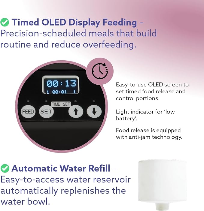 Automatic Dog & Cat Food Feeder with Water Dispenser – Smart Pet Feeder with Portion Control, OLED Display, Anti Jam Design, Battery Operated Dispenser for Medium/Large Pets - Black